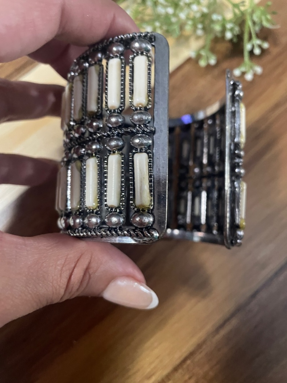 Ivory Bone-Inlay Wide Cuff Bracelet - Boho Silver Tone - Picture 3 of 5